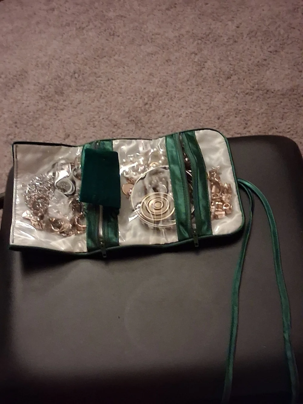 Green Travel Jewelry Roll Organizer